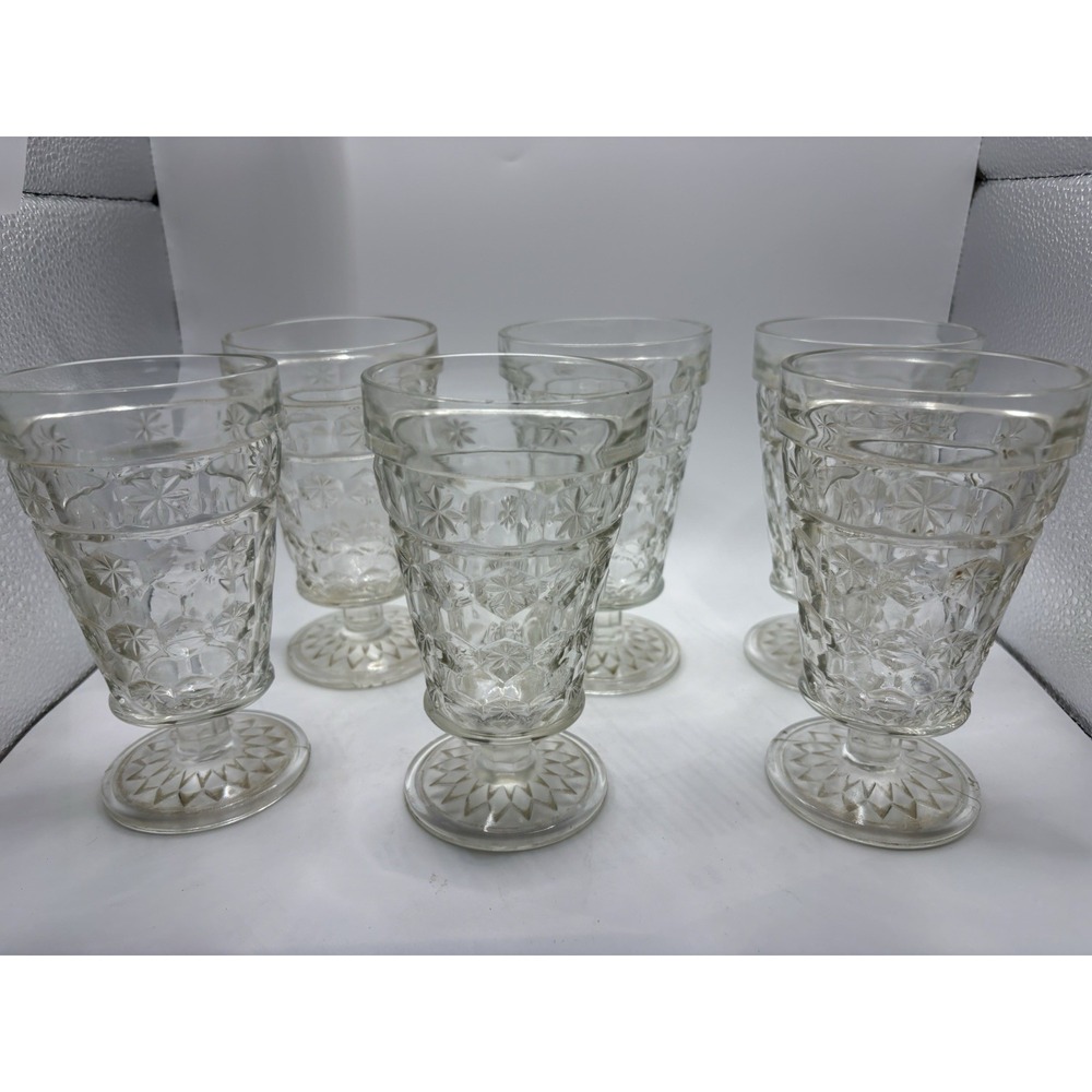 Vintage Set Of 6 Clear Footed Glasses Hexagon & Star Pattern *Unknown Maker*